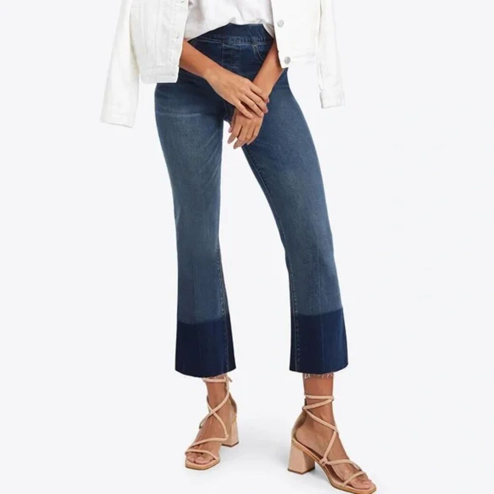 Spanx Flare Leg Cropped Jeans Dark Wash High Rise Raw Colorblock Hem Size L